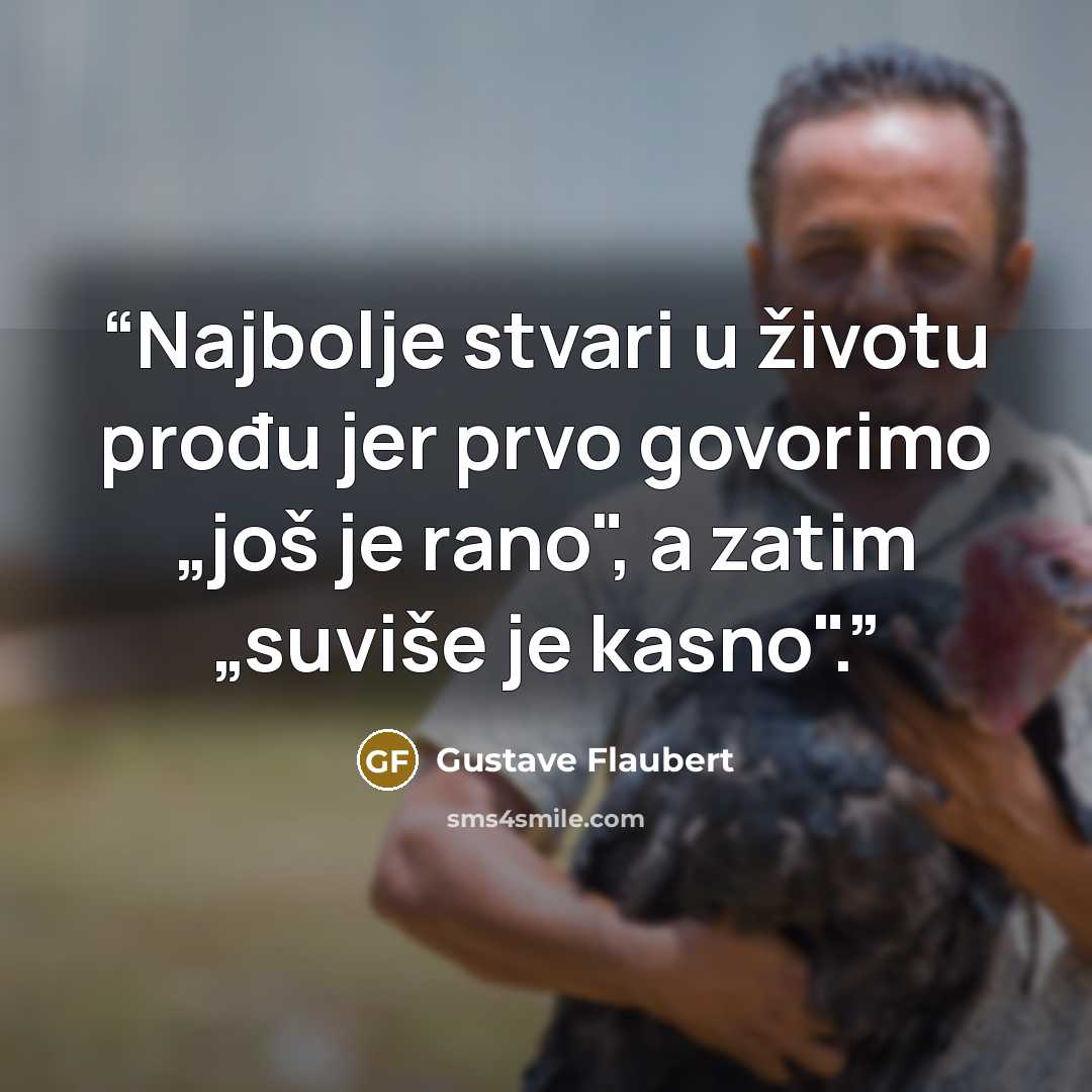 “Najbolje stvari u životu prođu jer prvo govorimo „još je rano", a zatim „suviše je kasno".” quote by Gustave Flaubert