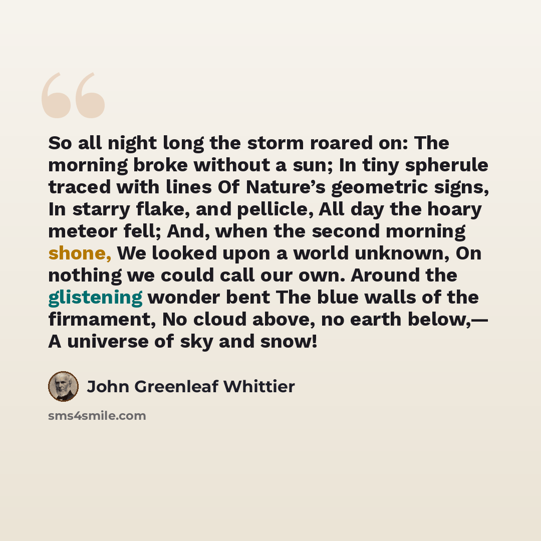 “So all night long the storm roared on: The morning broke without a sun; In tiny spherule traced with lines Of Nature’s geometric signs, In starry flake, and pellicle, All day the hoary meteor fell; And, when the second morning shone, We looked upon a world unknown, On nothing we could call our…” quote by John Greenleaf Whittier