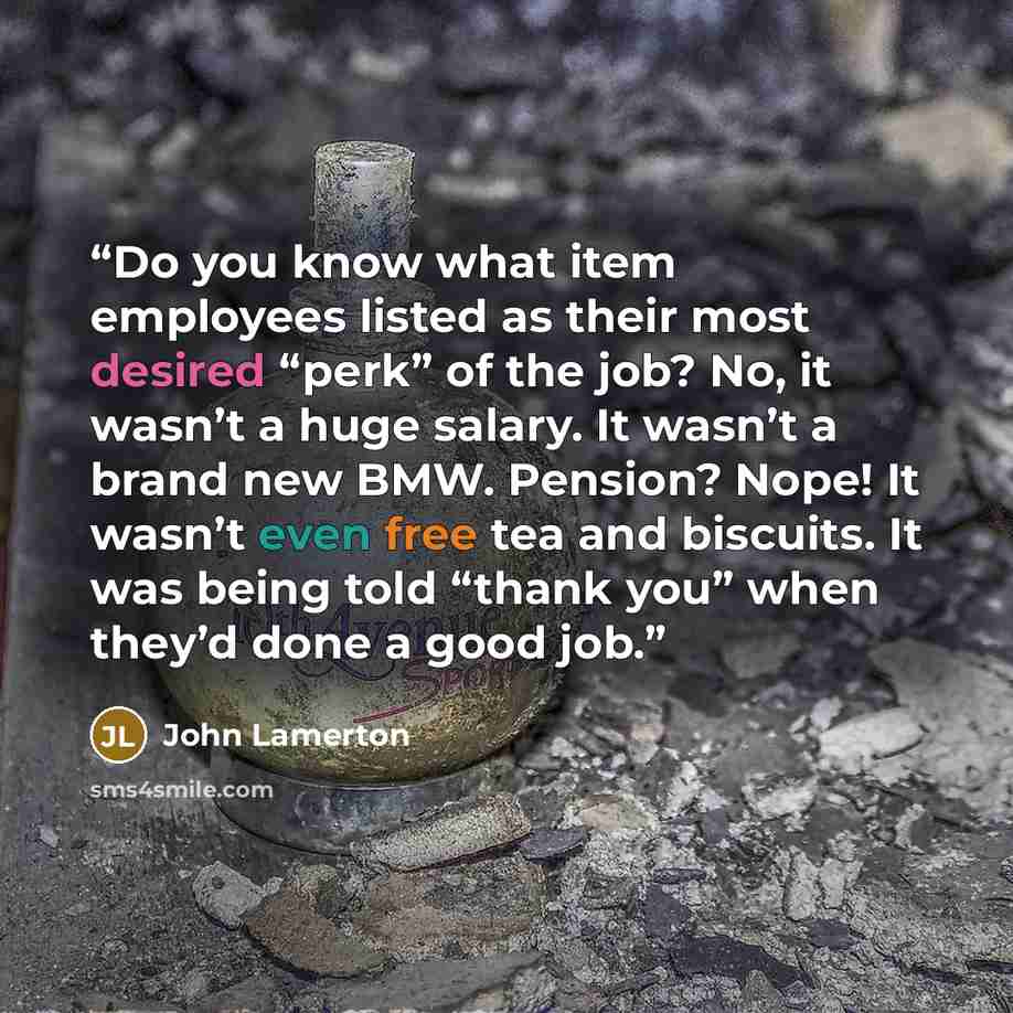 “Do you know what item employees listed as their most desired “perk” of the job? No, it wasn’t a huge salary. It wasn’t a brand new BMW. Pension? Nope! It wasn’t even free tea and biscuits. It was being told “thank you” when they’d done a good job.” quote by John Lamerton