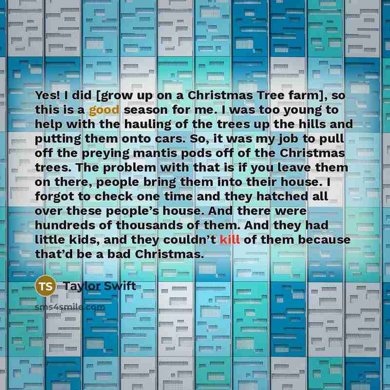 “Yes! I did [grow up on a Christmas Tree farm], so this is a good season for me. I was too young to help with the hauling of the trees up the hills and putting them onto cars. So, it was my job to pull off the preying mantis pods off of the Christmas trees. The problem with that is if you leave…” quote by Taylor Swift