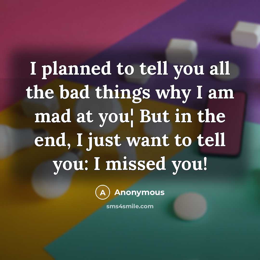 “I planned to tell you all the bad things why I am mad at you¦ But in the end, I just want to tell you: I missed you!” quote by Anonymous