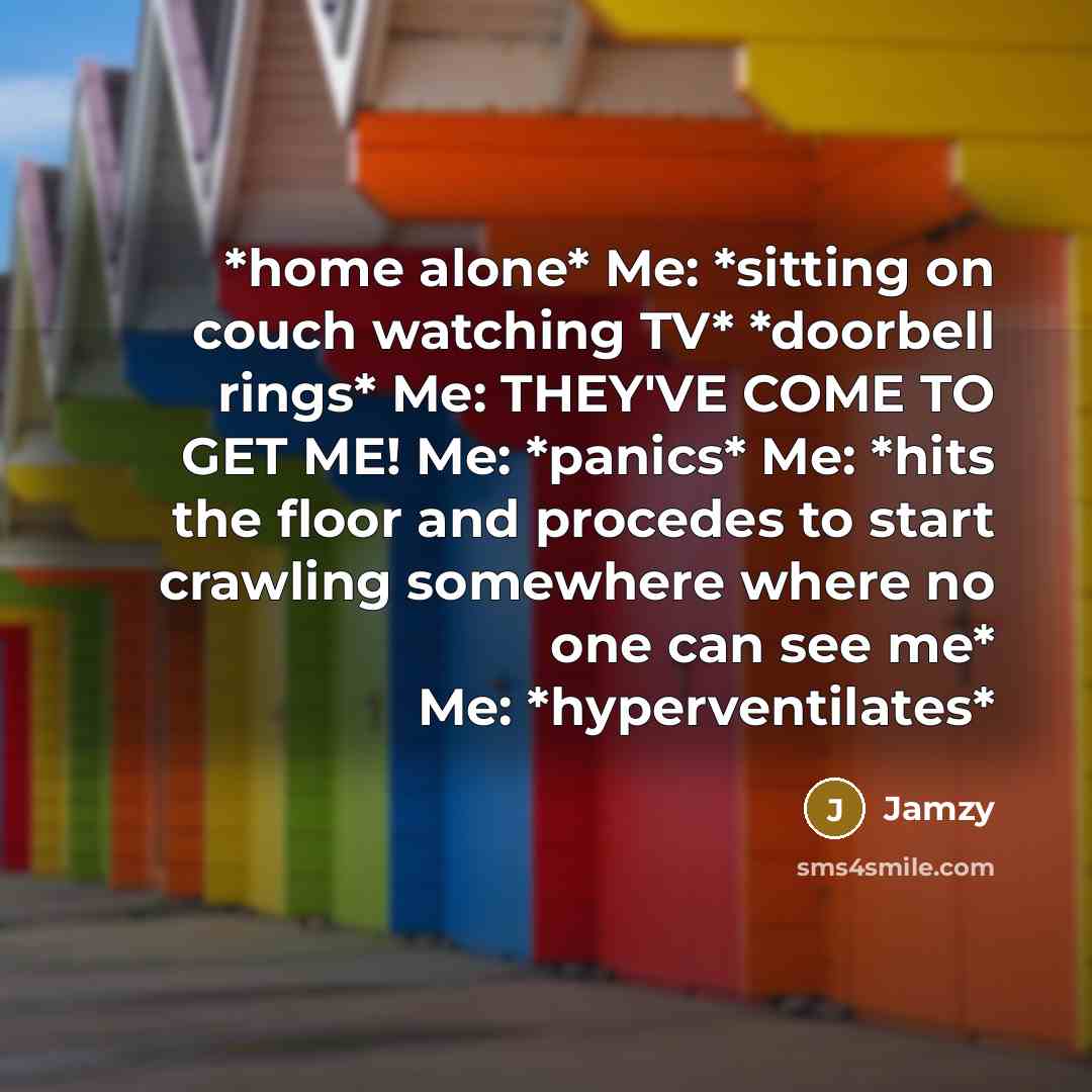 “*home alone* Me: *sitting on couch watching TV* *doorbell rings* Me: THEY'VE COME TO GET ME! Me: *panics* Me: *hits the floor and procedes to start crawling somewhere where no one can see me* Me: *hyperventilates*” quote by Jamzy