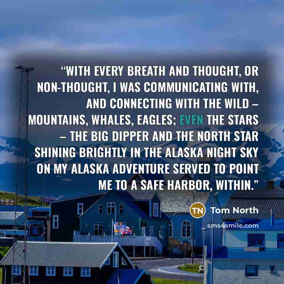 “With every breath and thought, or non-thought, I was communicating with, and connecting with the wild – mountains, whales, eagles; even the stars – the Big Dipper and the North Star shining brightly in the Alaska night sky on my Alaska adventure served to point me to a safe harbor, within.” quote by Tom North