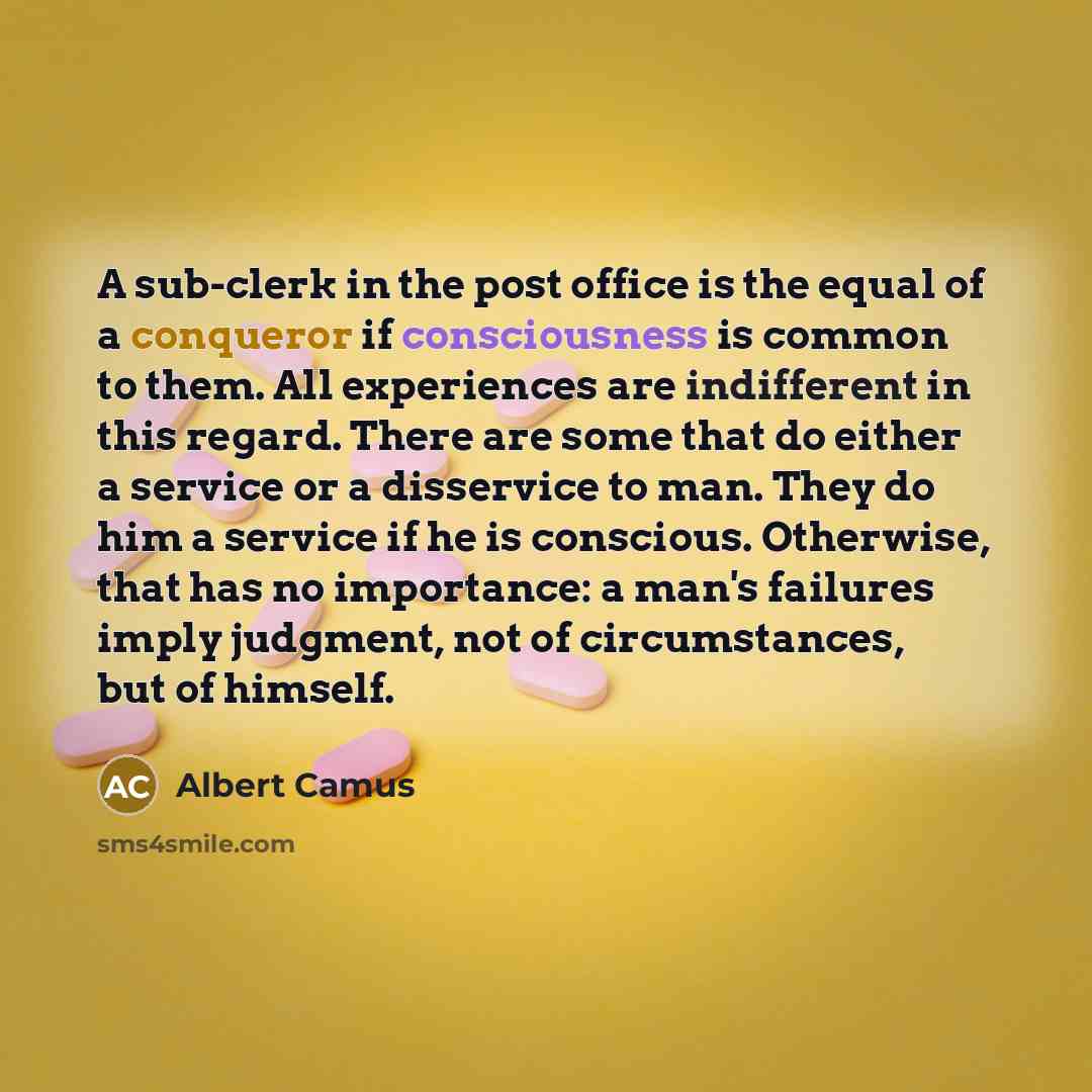 “A sub-clerk in the post office is the equal of a conqueror if consciousness is common to them. All experiences are indifferent in this regard. There are some that do either a service or a disservice to man. They do him a service if he is conscious. Otherwise, that has no importance: a man's…” quote by Albert Camus
