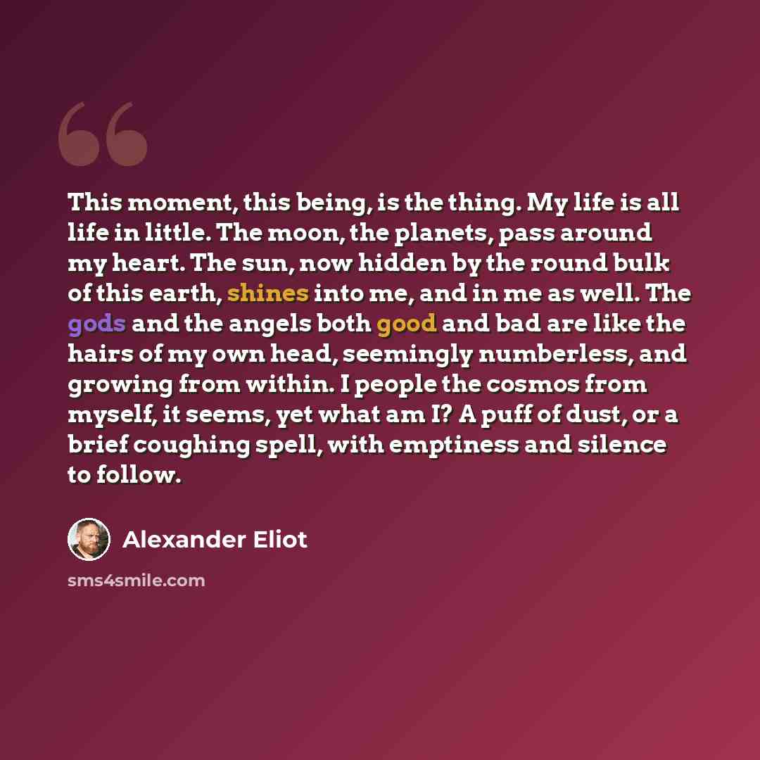 “This moment, this being, is the thing. My life is all life in little. The moon, the planets, pass around my heart. The sun, now hidden by the round bulk of this earth, shines into me, and in me as well. The gods and the angels both good and bad are like the hairs of my own head, seemingly…” quote by Alexander Eliot