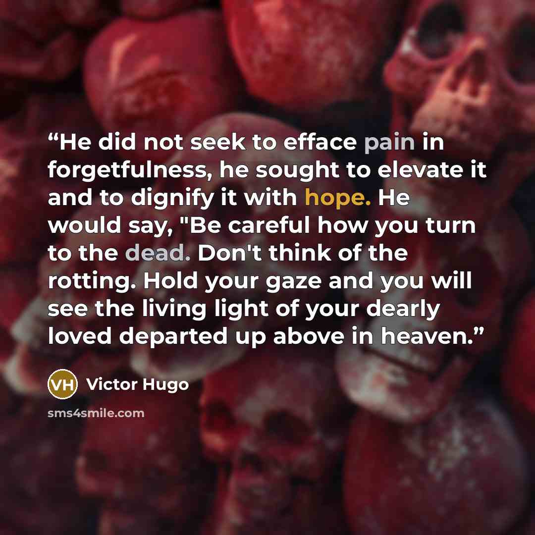 “He did not seek to efface pain in forgetfulness, he sought to elevate it and to dignify it with hope. He would say, "Be careful how you turn to the dead. Don't think of the rotting. Hold your gaze and you will see the living light of your dearly loved departed up above in heaven.” quote by Victor Hugo