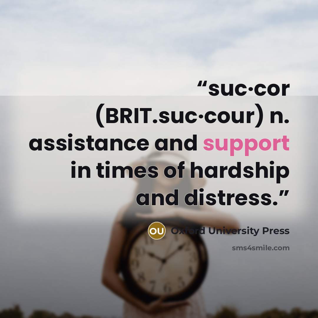“suc·cor (BRIT.suc·cour) n. assistance and support in times of hardship and distress.” quote by Oxford University Press