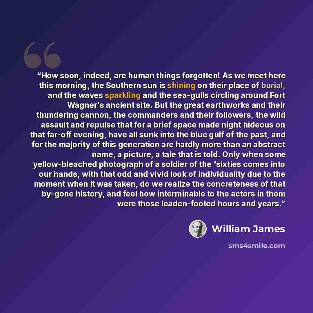 “How soon, indeed, are human things forgotten! As we meet here this morning, the Southern sun is shining on their place of burial, and the waves sparkling and the sea-gulls circling around Fort Wagner's ancient site. But the great earthworks and their thundering cannon, the commanders and their…” quote by William James
