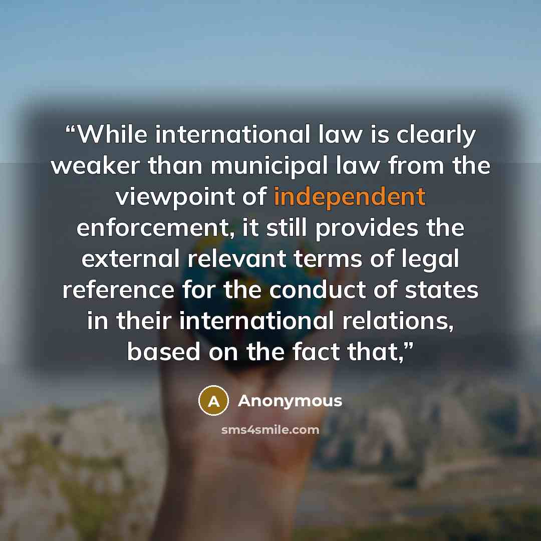 “While international law is clearly weaker than municipal law from the viewpoint of independent enforcement, it still provides the external relevant terms of legal reference for the conduct of states in their international relations, based on the fact that,” quote by Anonymous