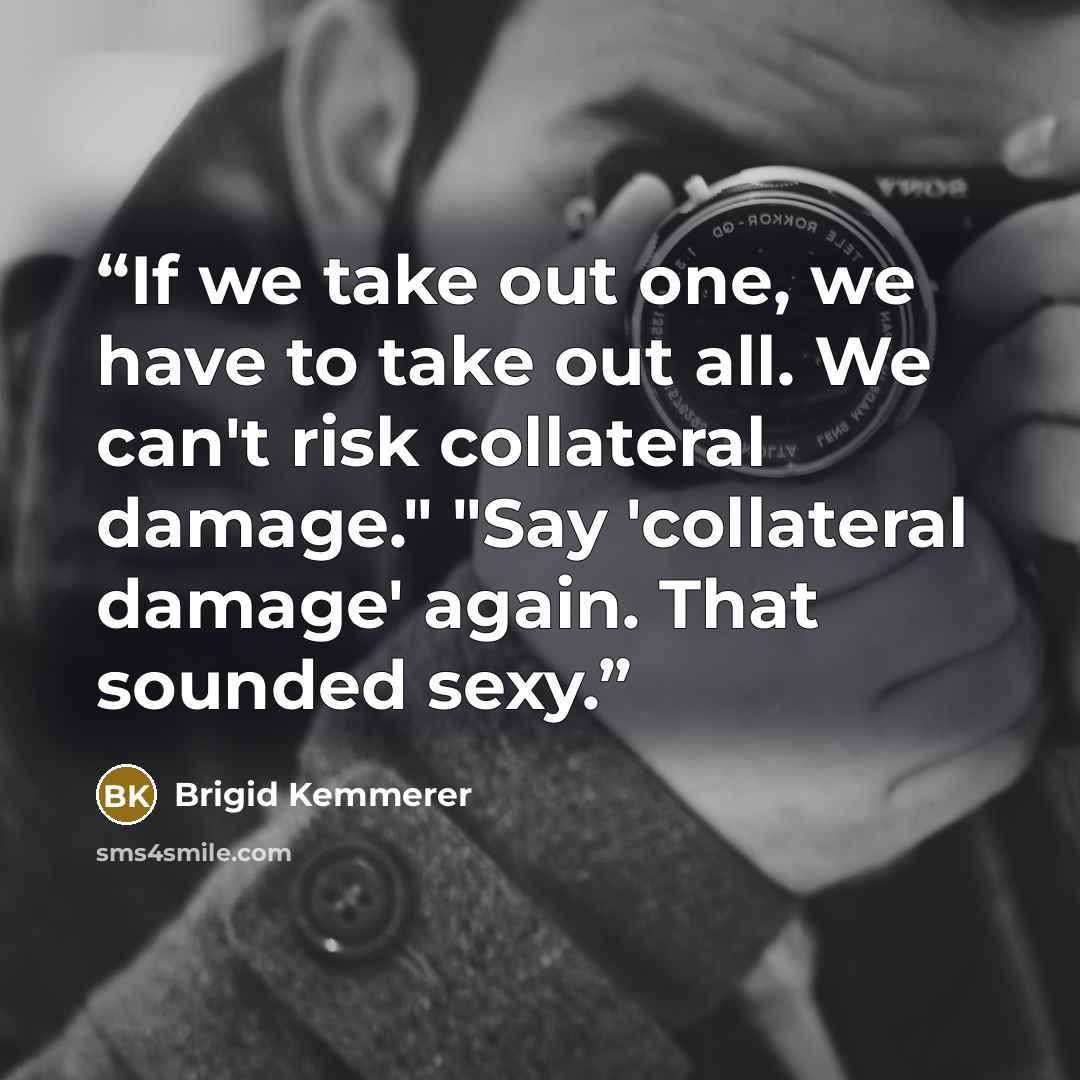 “If we take out one, we have to take out all. We can't risk collateral damage." "Say 'collateral damage' again. That sounded sexy.” quote by Brigid Kemmerer