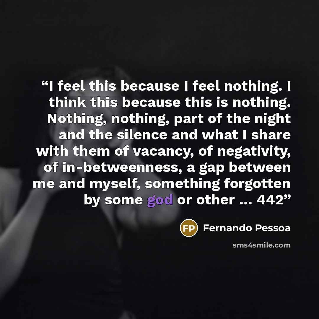 “I feel this because I feel nothing. I think this because this is nothing. Nothing, nothing, part of the night and the silence and what I share with them of vacancy, of negativity, of in-betweenness, a gap between me and myself, something forgotten by some god or other … 442” quote by Fernando Pessoa