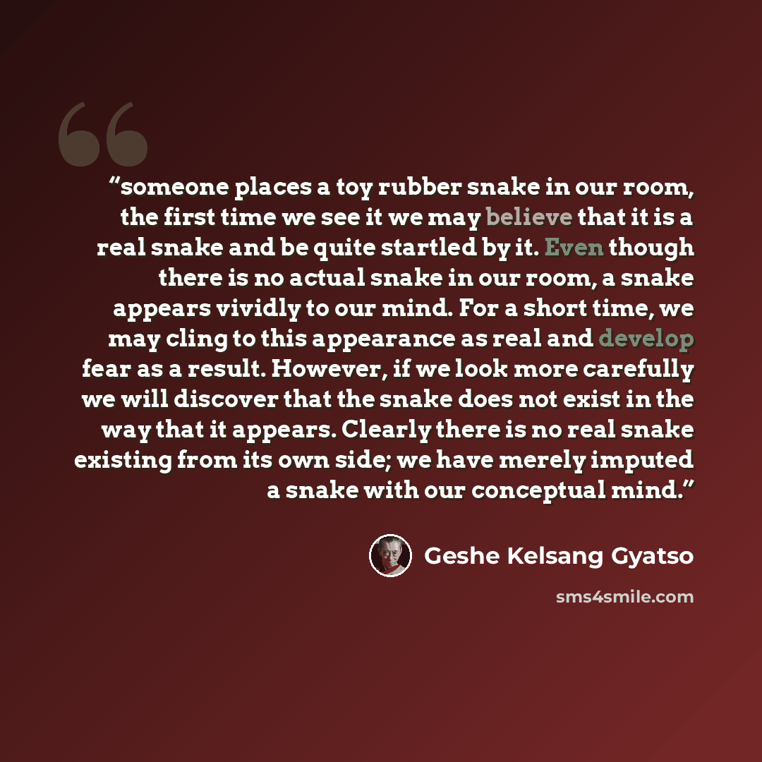 “someone places a toy rubber snake in our room, the first time we see it we may believe that it is a real snake and be quite startled by it. Even though there is no actual snake in our room, a snake appears vividly to our mind. For a short time, we may cling to this appearance as real and develop…” quote by Geshe Kelsang Gyatso