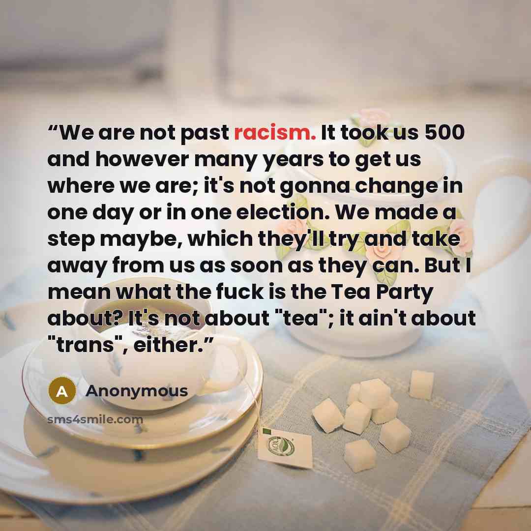 “We are not past racism. It took us 500 and however many years to get us where we are; it's not gonna change in one day or in one election. We made a step maybe, which they'll try and take away from us as soon as they can. But I mean what the fuck is the Tea Party about? It's not about "tea"; it…” quote by Anonymous