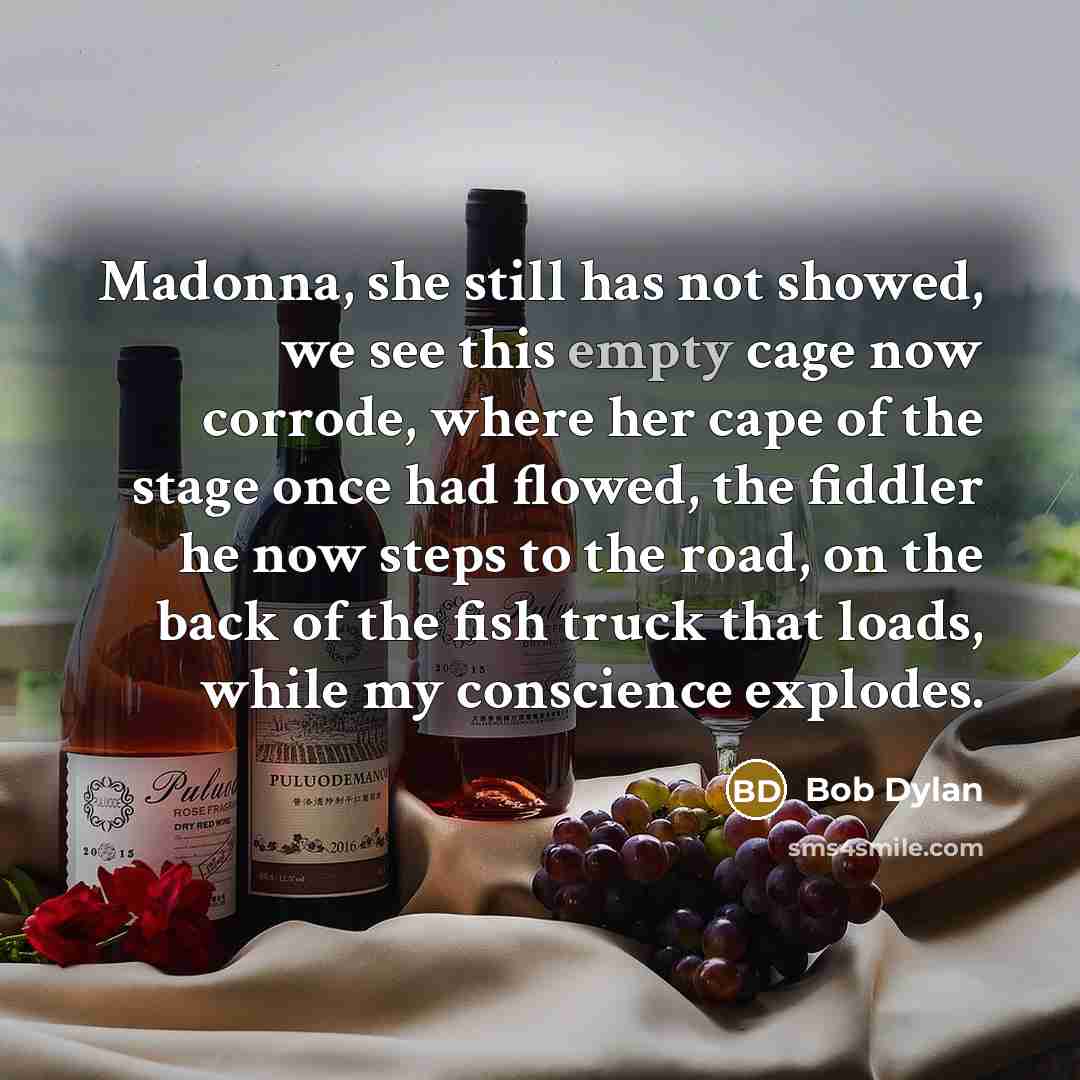 “Madonna, she still has not showed, we see this empty cage now corrode, where her cape of the stage once had flowed, the fiddler he now steps to the road, on the back of the fish truck that loads, while my conscience explodes.” quote by Bob Dylan