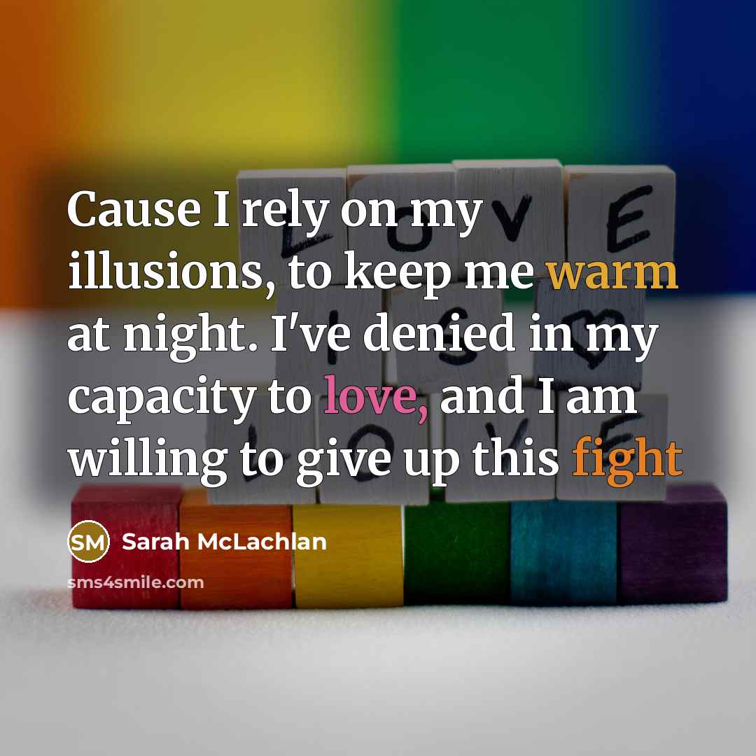 “Cause I rely on my illusions, to keep me warm at night. I've denied in my capacity to love, and I am willing to give up this fight” quote by Sarah McLachlan