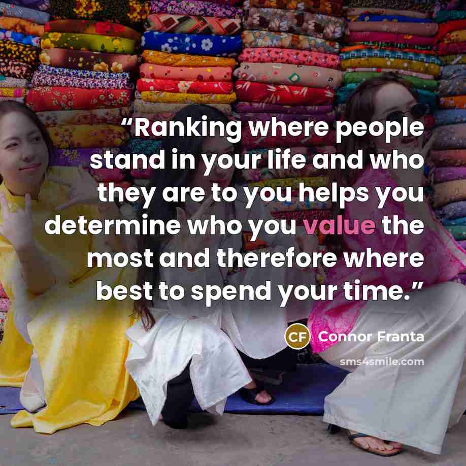 “Ranking where people stand in your life and who they are to you helps you determine who you value the most and therefore where best to spend your time.” quote by Connor Franta