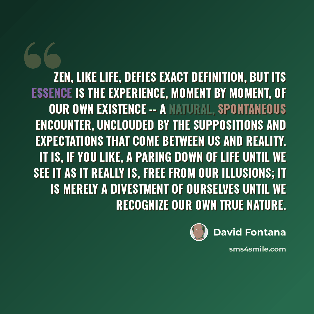 “Zen, like life, defies exact definition, but its essence is the experience, moment by moment, of our own existence -- a natural, spontaneous encounter, unclouded by the suppositions and expectations that come between us and reality. It is, if you like, a paring down of life until we see it as it…” quote by David Fontana