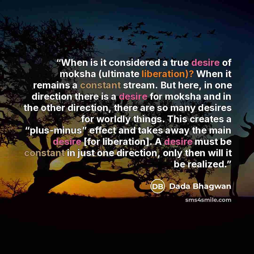 “When is it considered a true desire of moksha (ultimate liberation)? When it remains a constant stream. But here, in one direction there is a desire for moksha and in the other direction, there are so many desires for worldly things. This creates a “plus-minus” effect and takes away the main…” quote by Dada Bhagwan