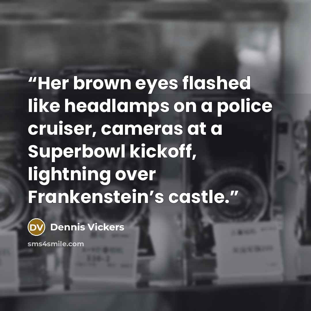 “Her brown eyes flashed like headlamps on a police cruiser, cameras at a Superbowl kickoff, lightning over Frankenstein’s castle.” quote by Dennis Vickers