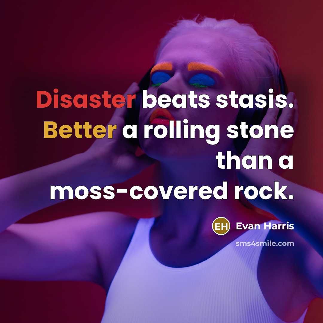 “Disaster beats stasis. Better a rolling stone than a moss-covered rock.” quote by Evan Harris