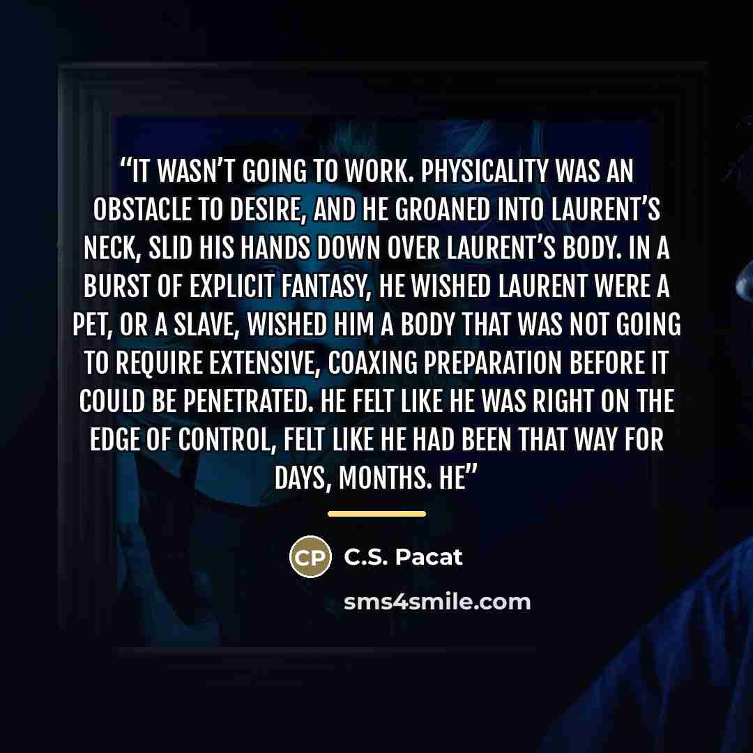 “It wasn’t going to work. Physicality was an obstacle to desire, and he groaned into Laurent’s neck, slid his hands down over Laurent’s body. In a burst of explicit fantasy, he wished Laurent were a pet, or a slave, wished him a body that was not going to require extensive, coaxing preparation…” quote by C.S. Pacat