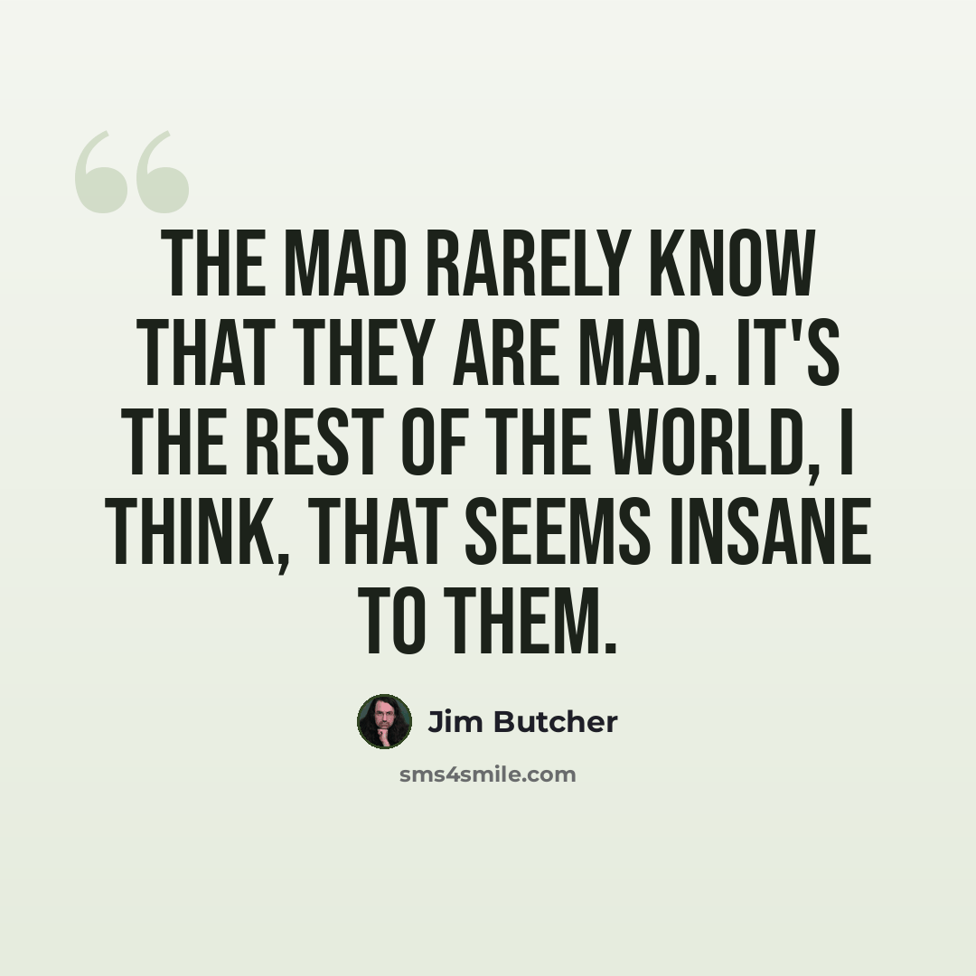 “The mad rarely know that they are mad. It's the rest of the world, I think, that seems insane to them.” quote by Jim Butcher