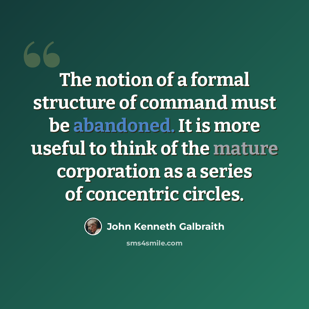 “The notion of a formal structure of command must be abandoned. It is more useful to think of the mature corporation as a series of concentric circles.” quote by John Kenneth Galbraith