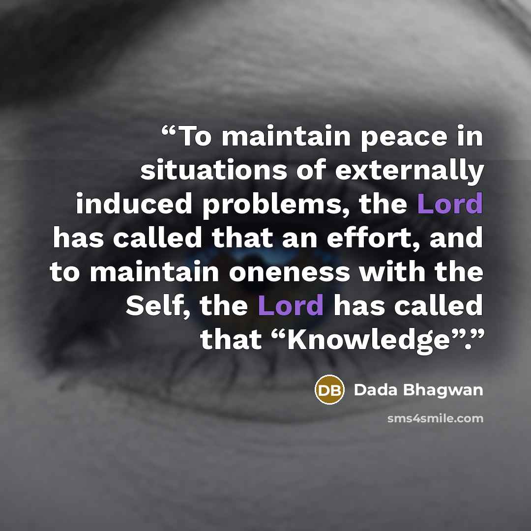 “To maintain peace in situations of externally induced problems, the Lord has called that an effort, and to maintain oneness with the Self, the Lord has called that “Knowledge”.” quote by Dada Bhagwan