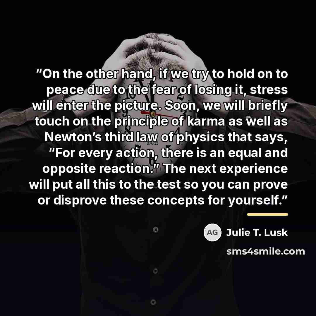 “On the other hand, if we try to hold on to peace due to the fear of losing it, stress will enter the picture. Soon, we will briefly touch on the principle of karma as well as Newton’s third law of physics that says, “For every action, there is an equal and opposite reaction.” The next experience…” quote by Julie T. Lusk