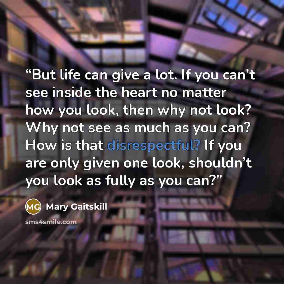 “But life can give a lot. If you can’t see inside the heart no matter how you look, then why not look? Why not see as much as you can? How is that disrespectful? If you are only given one look, shouldn’t you look as fully as you can?” quote by Mary Gaitskill