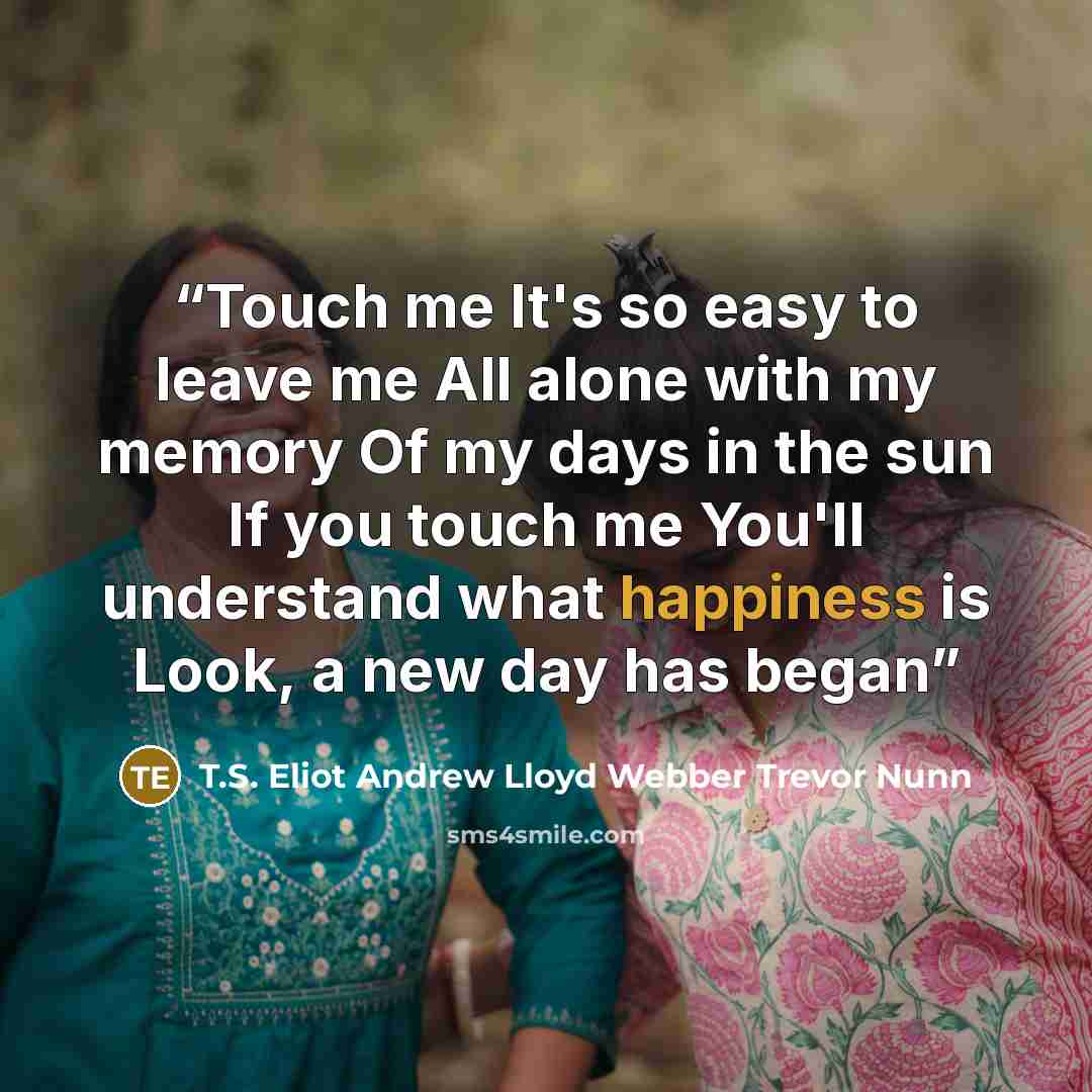 “Touch me It's so easy to leave me All alone with my memory Of my days in the sun If you touch me You'll understand what happiness is Look, a new day has began” quote by T.S. Eliot Andrew Lloyd Webber Trevor Nunn