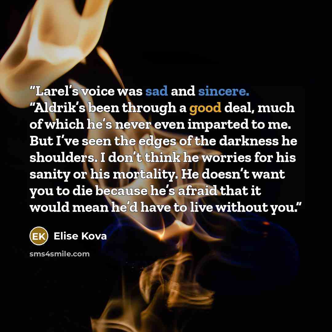 “Larel’s voice was sad and sincere. “Aldrik’s been through a good deal, much of which he’s never even imparted to me. But I’ve seen the edges of the darkness he shoulders. I don’t think he worries for his sanity or his mortality. He doesn’t want you to die because he’s afraid that it would mean…” quote by Elise Kova