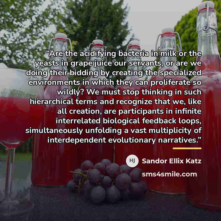 “Are the acidifying bacteria in milk or the yeasts in grape juice our servants, or are we doing their bidding by creating the specialized environments in which they can proliferate so wildly? We must stop thinking in such hierarchical terms and recognize that we, like all creation, are participants…” quote by Sandor Ellix Katz