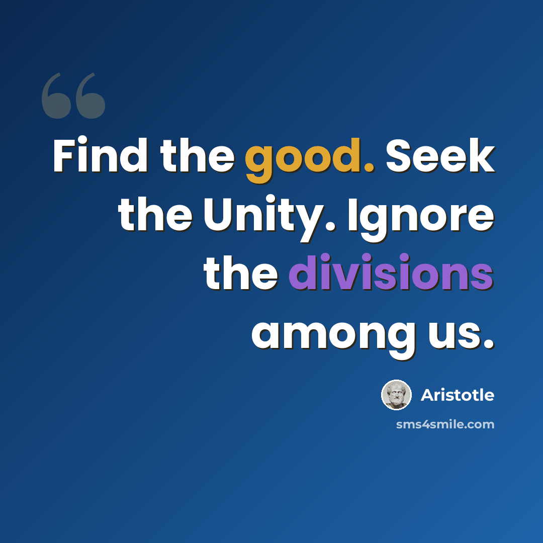 “Find the good. Seek the Unity. Ignore the divisions among us.” quote by Aristotle