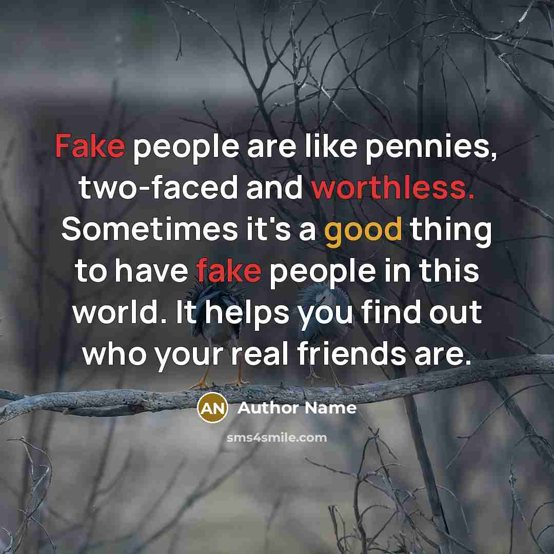 “Fake people are like pennies, two-faced and worthless. Sometimes it's a good thing to have fake people in this world. It helps you find out who your real friends are.” quote by Author Name