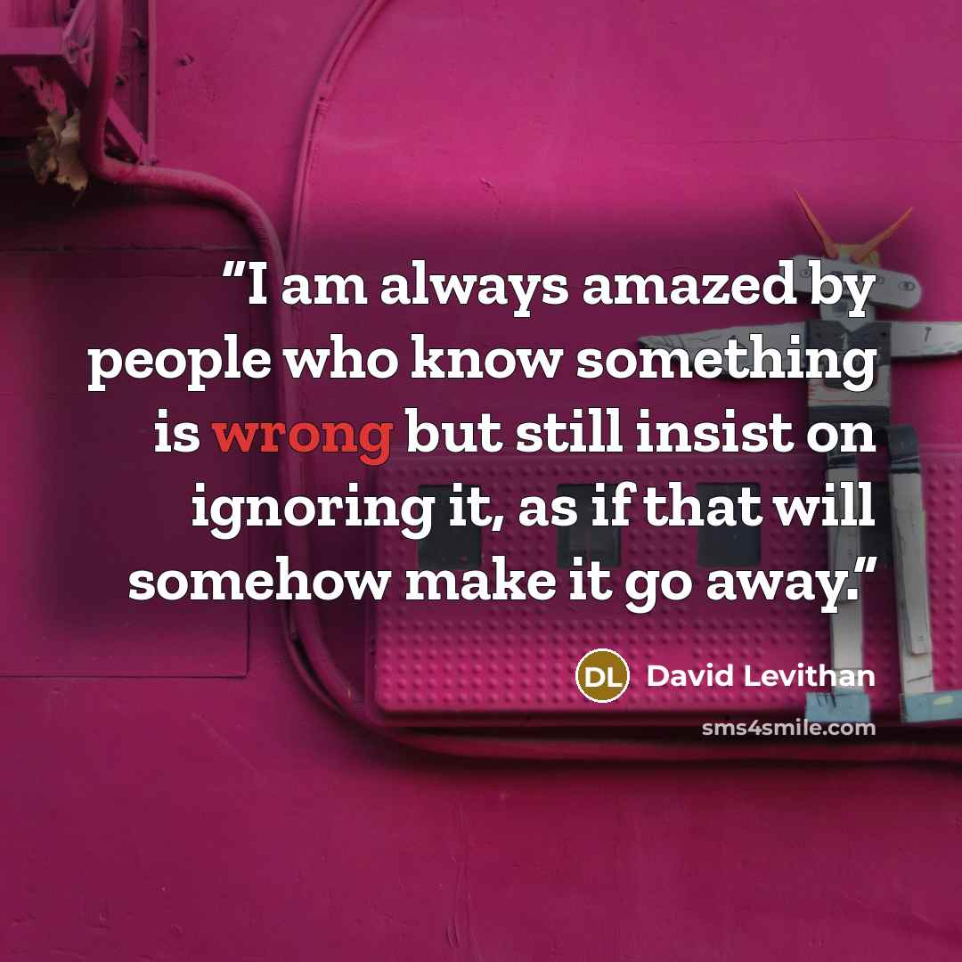 “I am always amazed by people who know something is wrong but still insist on ignoring it, as if that will somehow make it go away.” quote by David Levithan