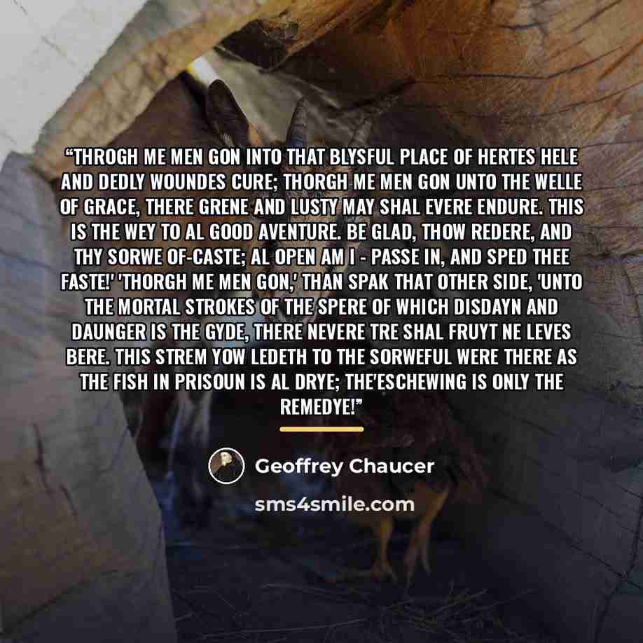 “Throgh me men gon into that blysful place Of hertes hele and dedly woundes cure; Thorgh me men gon unto the welle of grace, There grene and lusty May shal evere endure. This is the wey to al good aventure. Be glad, thow redere, and thy sorwe of-caste; Al open am I - passe in, and sped thee faste!'…” quote by Geoffrey Chaucer