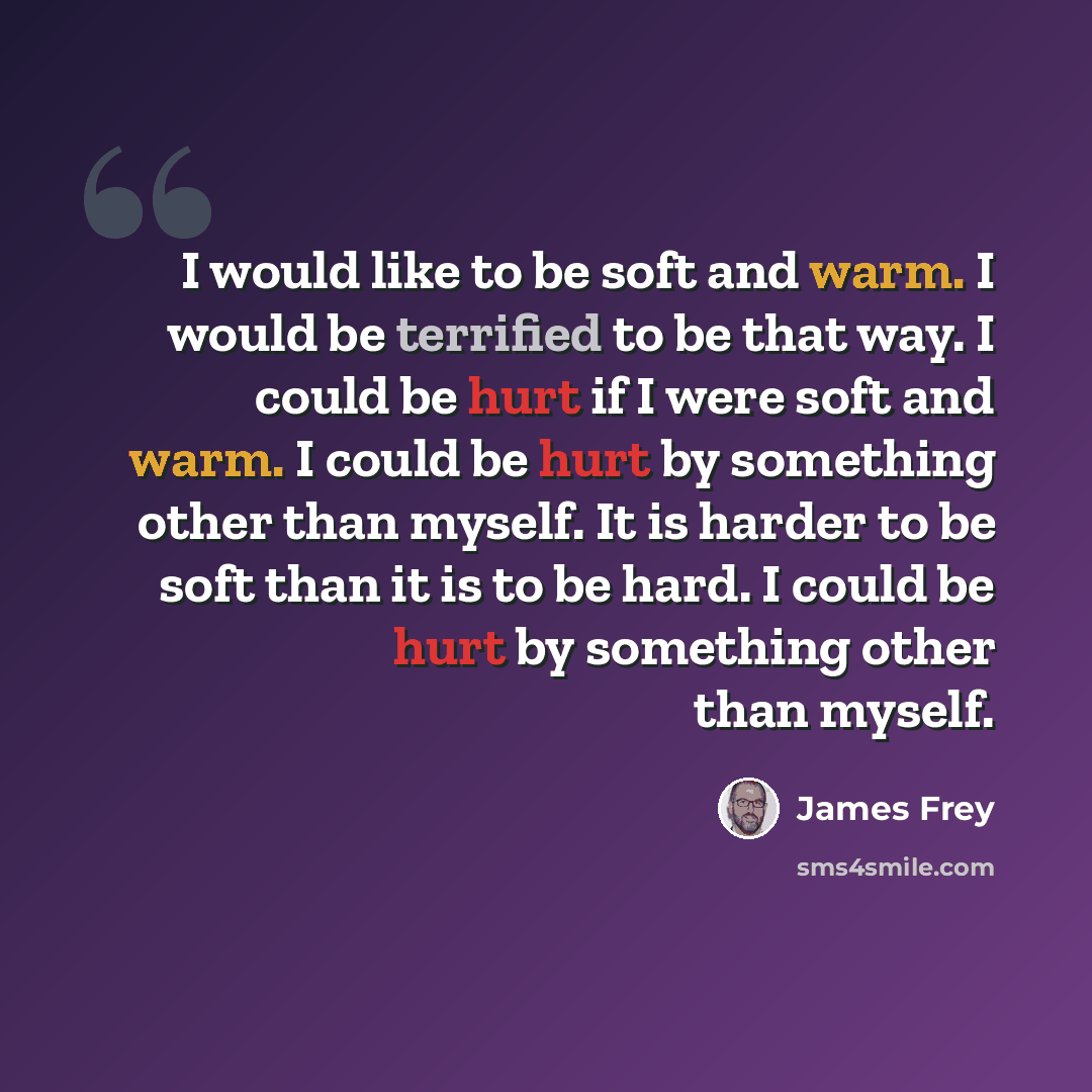 “I would like to be soft and warm. I would be terrified to be that way. I could be hurt if I were soft and warm. I could be hurt by something other than myself. It is harder to be soft than it is to be hard. I could be hurt by something other than myself.” quote by James Frey