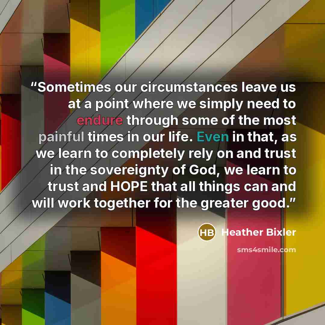“Sometimes our circumstances leave us at a point where we simply need to endure through some of the most painful times in our life. Even in that, as we learn to completely rely on and trust in the sovereignty of God, we learn to trust and HOPE that all things can and will work together for the…” quote by Heather Bixler