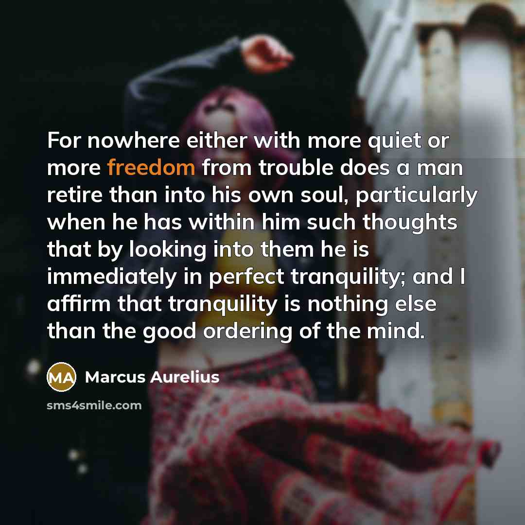 “For nowhere either with more quiet or more freedom from trouble does a man retire than into his own soul, particularly when he has within him such thoughts that by looking into them he is immediately in perfect tranquility; and I affirm that tranquility is nothing else than the good ordering of…” quote by Marcus Aurelius