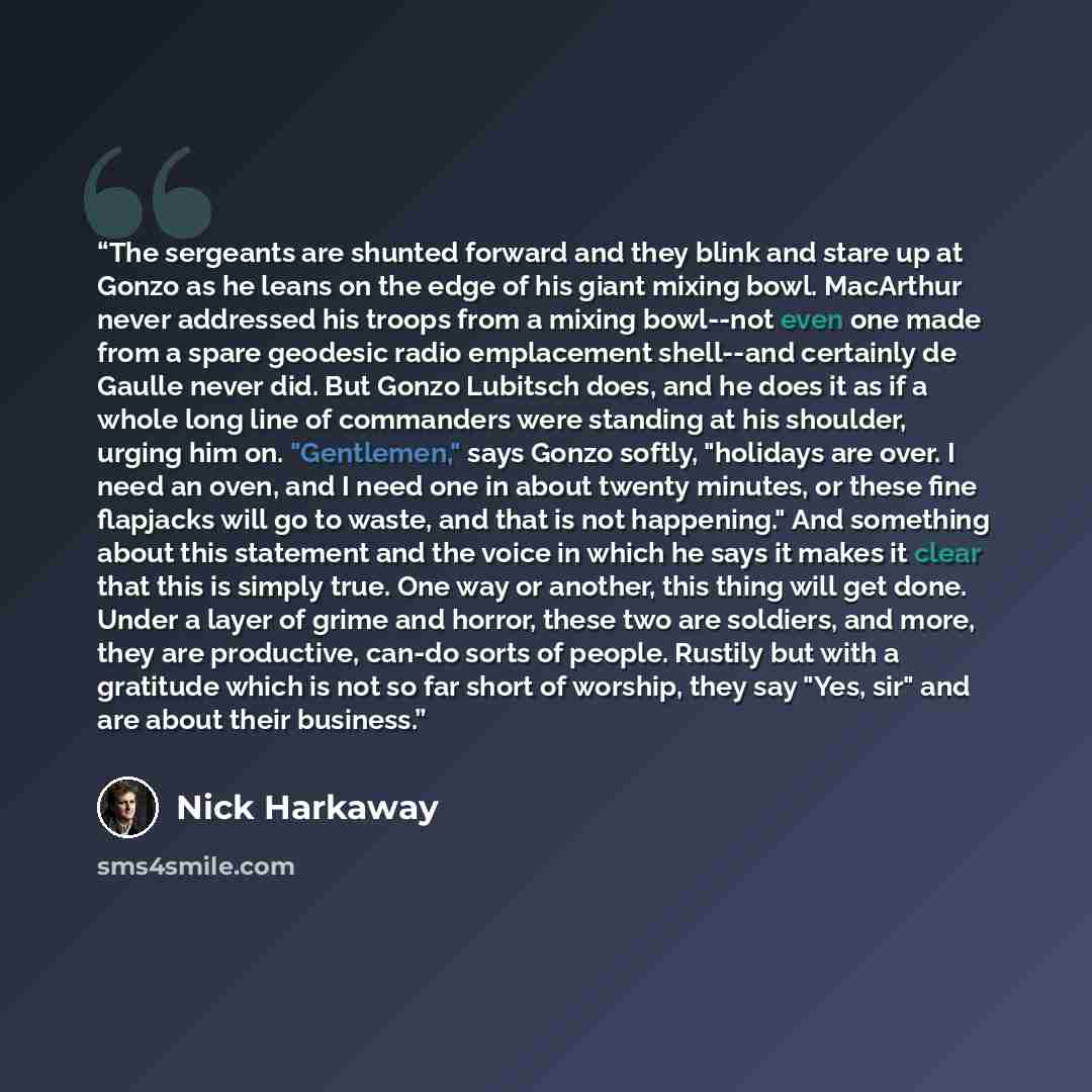 “The sergeants are shunted forward and they blink and stare up at Gonzo as he leans on the edge of his giant mixing bowl. MacArthur never addressed his troops from a mixing bowl--not even one made from a spare geodesic radio emplacement shell--and certainly de Gaulle never did. But Gonzo Lubitsch…” quote by Nick Harkaway