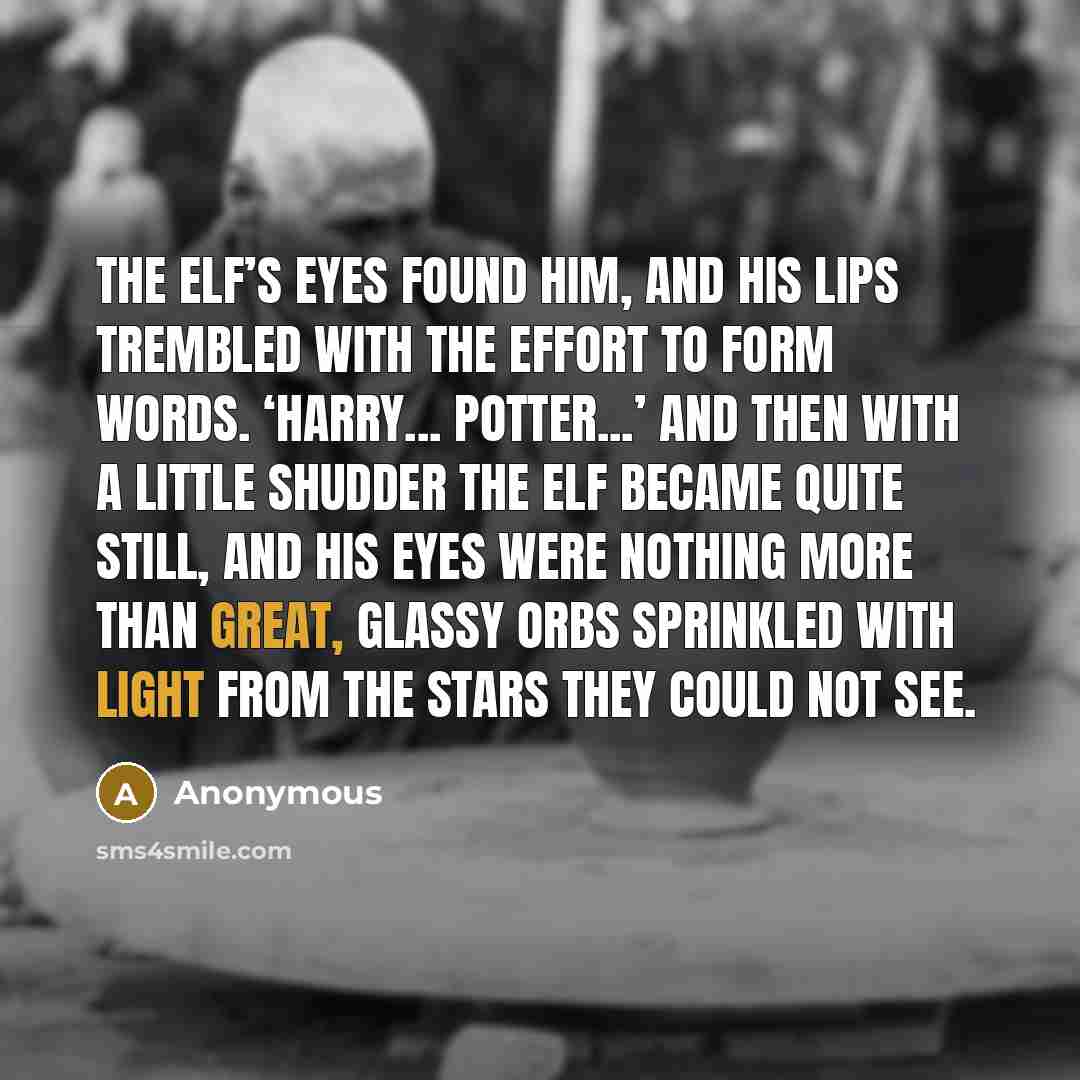 “The elf’s eyes found him, and his lips trembled with the effort to form words. ‘Harry... Potter...’ And then with a little shudder the elf became quite still, and his eyes were nothing more than great, glassy orbs sprinkled with light from the stars they could not see.” quote by Anonymous