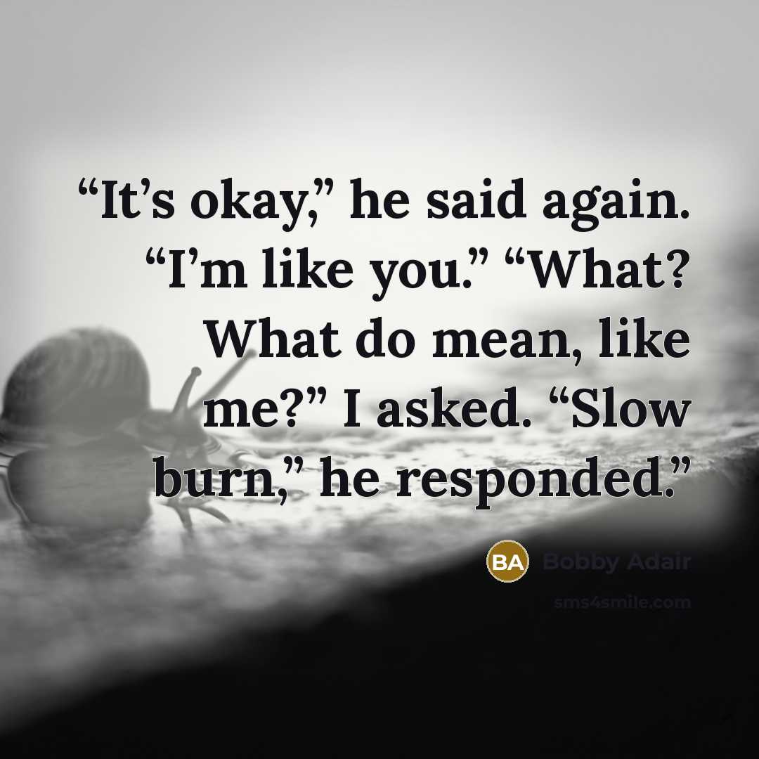 “It’s okay,” he said again. “I’m like you.” “What? What do mean, like me?” I asked. “Slow burn,” he responded.” quote by Bobby Adair