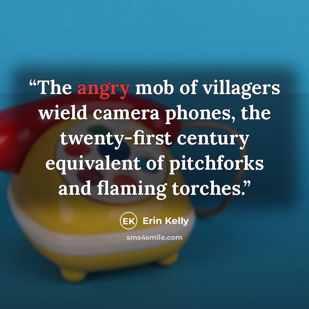 “The angry mob of villagers wield camera phones, the twenty-first century equivalent of pitchforks and flaming torches.” quote by Erin Kelly
