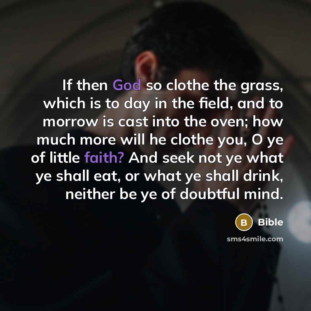 “If then God so clothe the grass, which is to day in the field, and to morrow is cast into the oven; how much more will he clothe you, O ye of little faith? And seek not ye what ye shall eat, or what ye shall drink, neither be ye of doubtful mind.” quote by Bible