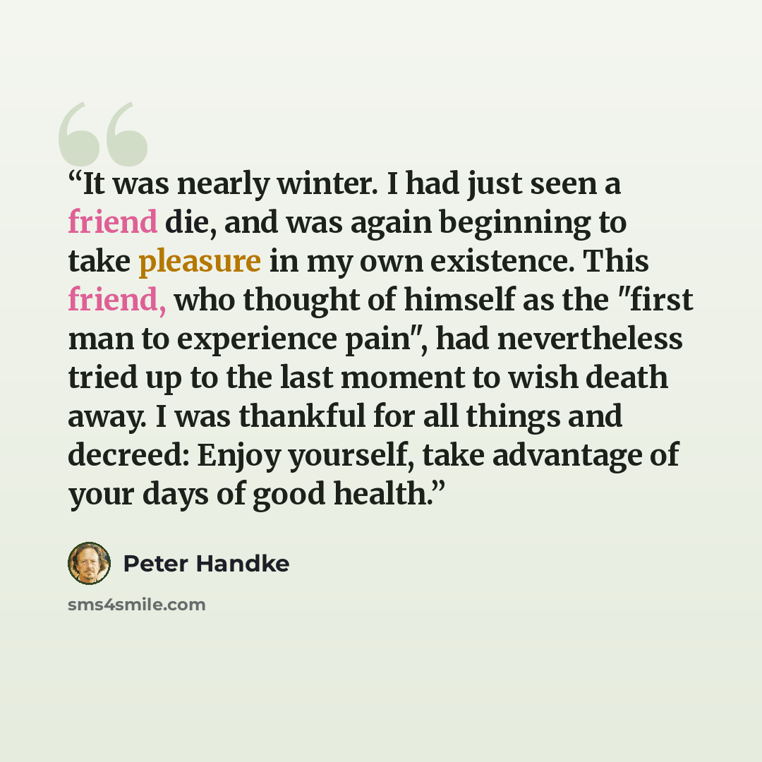 “It was nearly winter. I had just seen a friend die, and was again beginning to take pleasure in my own existence. This friend, who thought of himself as the "first man to experience pain", had nevertheless tried up to the last moment to wish death away. I was thankful for all things and decreed…” quote by Peter Handke