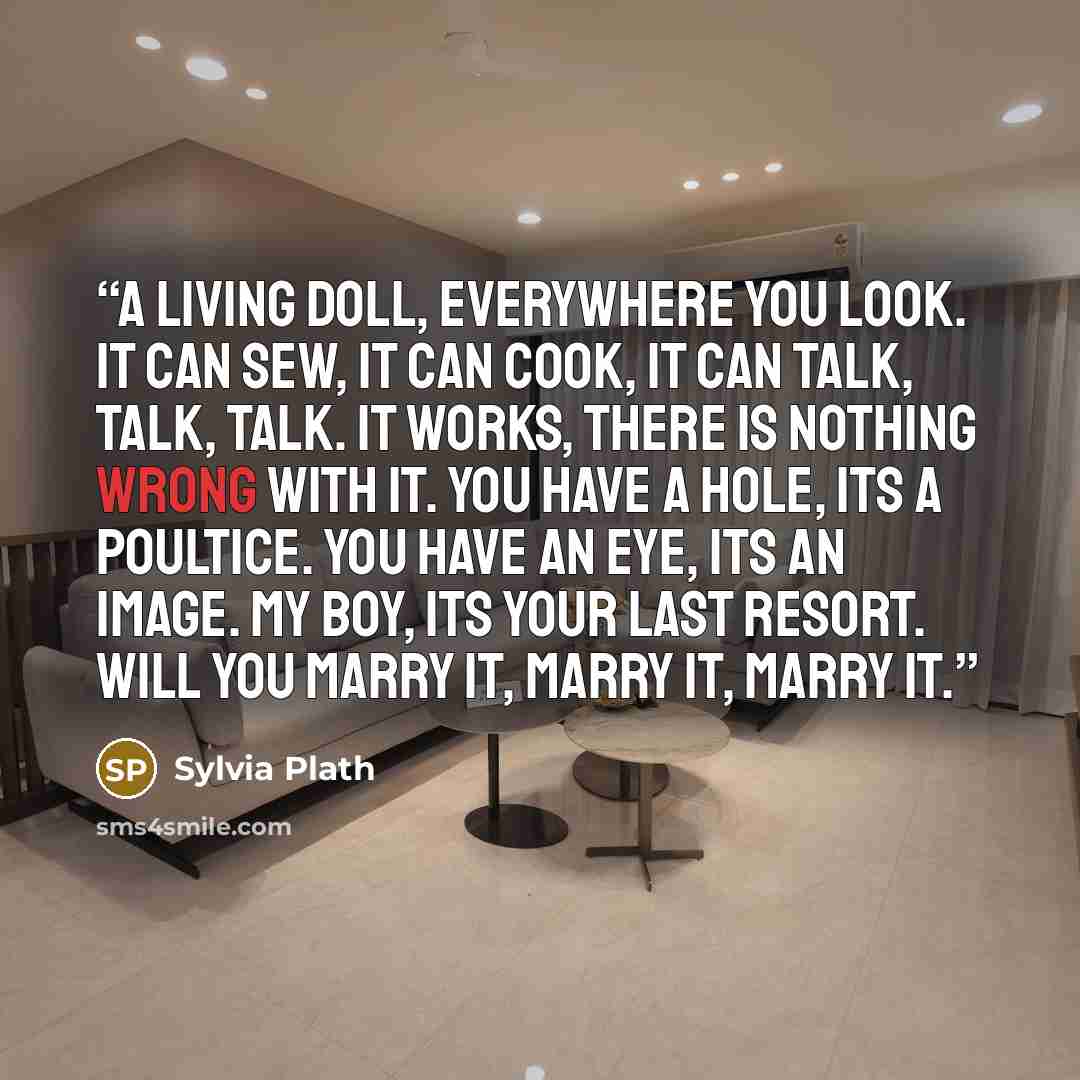 “A living doll, everywhere you look. It can sew, it can cook, It can talk, talk, talk. It works, there is nothing wrong with it. You have a hole, its a poultice. You have an eye, its an image. My boy, its your last resort. Will you marry it, marry it, marry it.” quote by Sylvia Plath