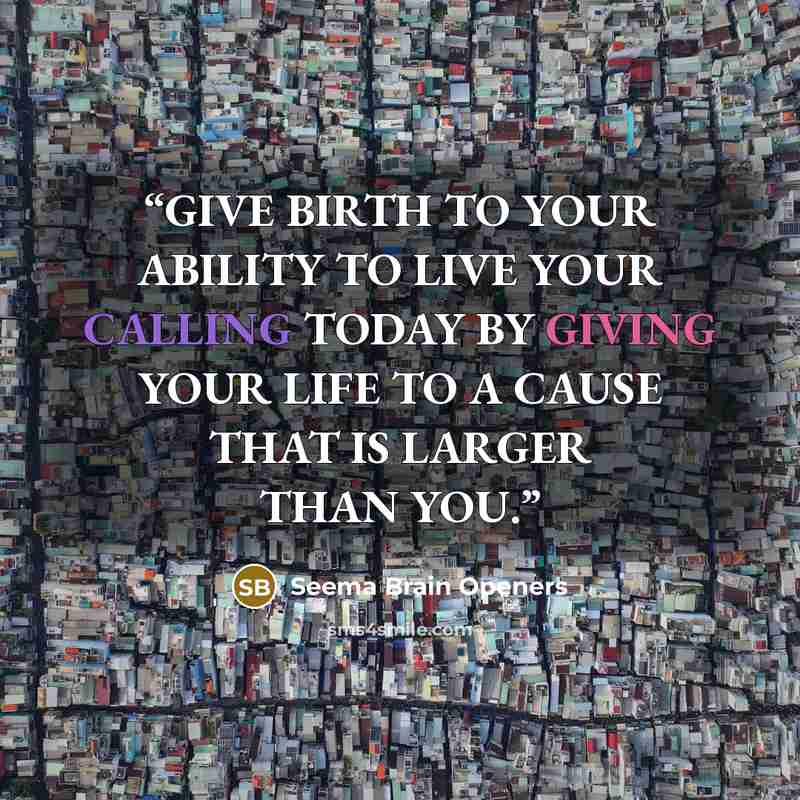 “GIVE BIRTH TO YOUR ABILITY TO LIVE YOUR CALLING TODAY BY GIVING YOUR LIFE TO A CAUSE THAT IS LARGER THAN YOU.” quote by Seema Brain Openers