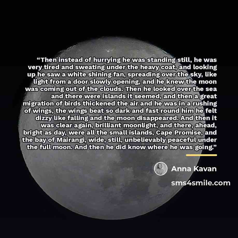 “Then instead of hurrying he was standing still, he was very tired and sweating under the heavy coat, and looking up he saw a white shining fan, spreading over the sky, like light from a door slowly opening, and he knew the moon was coming out of the clouds. Then he looked over the sea and there…” quote by Anna Kavan