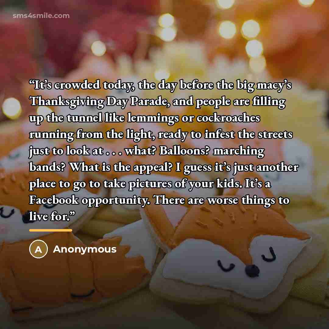 “It’s crowded today, the day before the big macy’s Thanksgiving Day Parade, and people are filling up the tunnel like lemmings or cockroaches running from the light, ready to infest the streets just to look at . . . what? Balloons? marching bands? What is the appeal? I guess it’s just another place…” quote by Anonymous